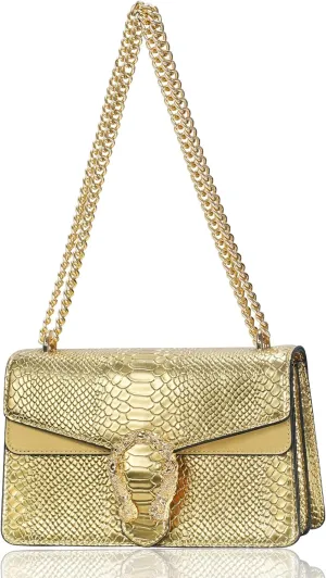 Women's Crossbody Shoulder Bag Snake Print Satchel Purse Leather Chain Clutch Evening Handbag