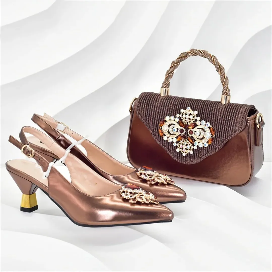 Women’S Elegant Pumps and Handbag Set with Hoof Heels and Crystal Details for Evening Wear