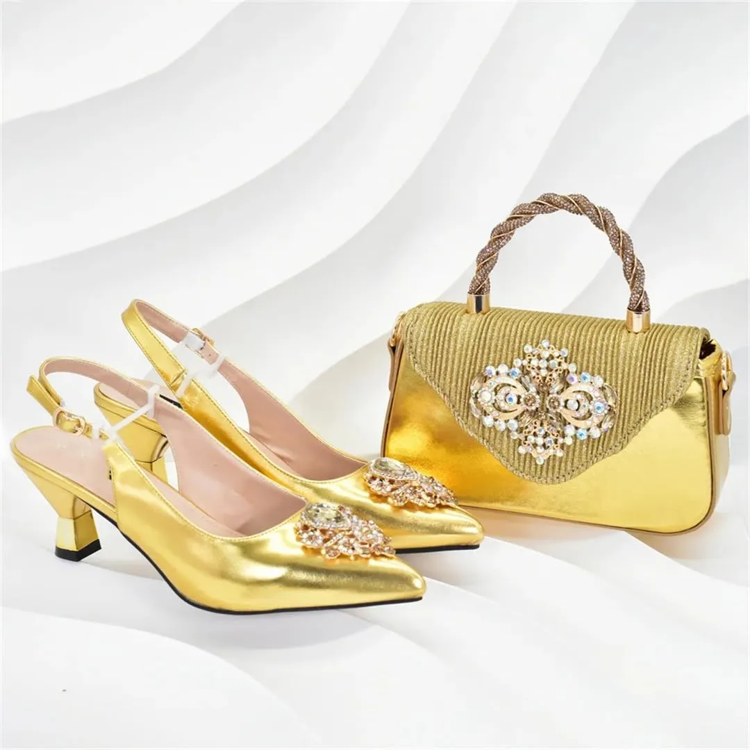 Women’S Elegant Pumps and Handbag Set with Hoof Heels and Crystal Details for Evening Wear