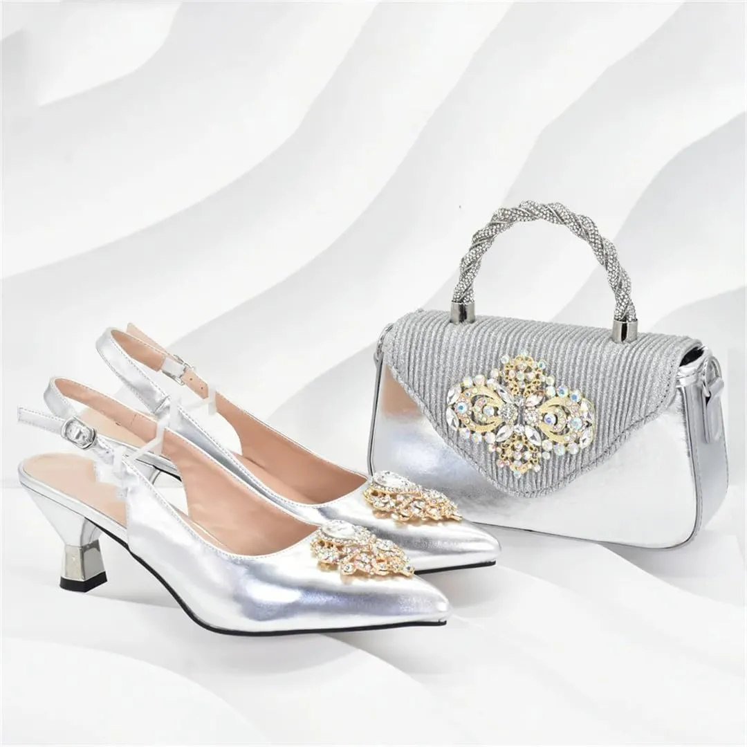 Women’S Elegant Pumps and Handbag Set with Hoof Heels and Crystal Details for Evening Wear