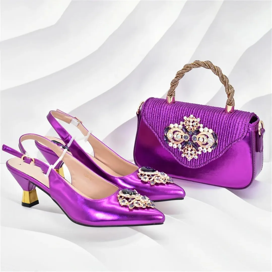 Women’S Elegant Pumps and Handbag Set with Hoof Heels and Crystal Details for Evening Wear