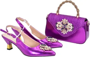 Women’S Elegant Pumps and Handbag Set with Hoof Heels and Crystal Details for Evening Wear