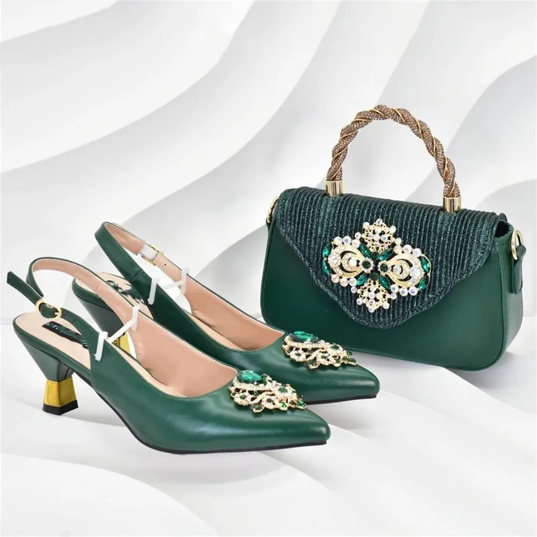 Women’S Elegant Pumps and Handbag Set with Hoof Heels and Crystal Details for Evening Wear