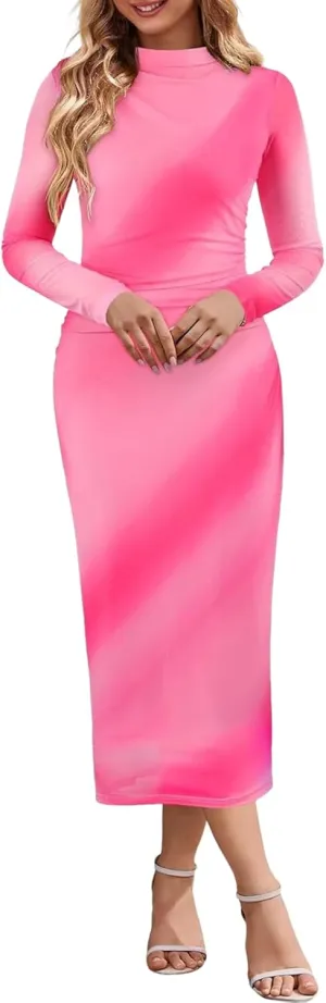 Women's Elegant Watercolor Print Ruched Bodycon Dresses Casual Long Sleeve Mock Neck Party Club Cocktail Midi Dress