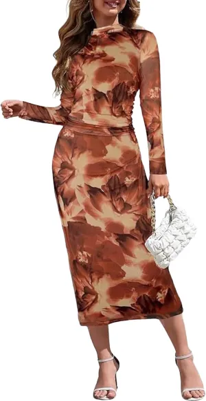 Women's Elegant Watercolor Print Ruched Bodycon Dresses Casual Long Sleeve Mock Neck Party Club Cocktail Midi Dress