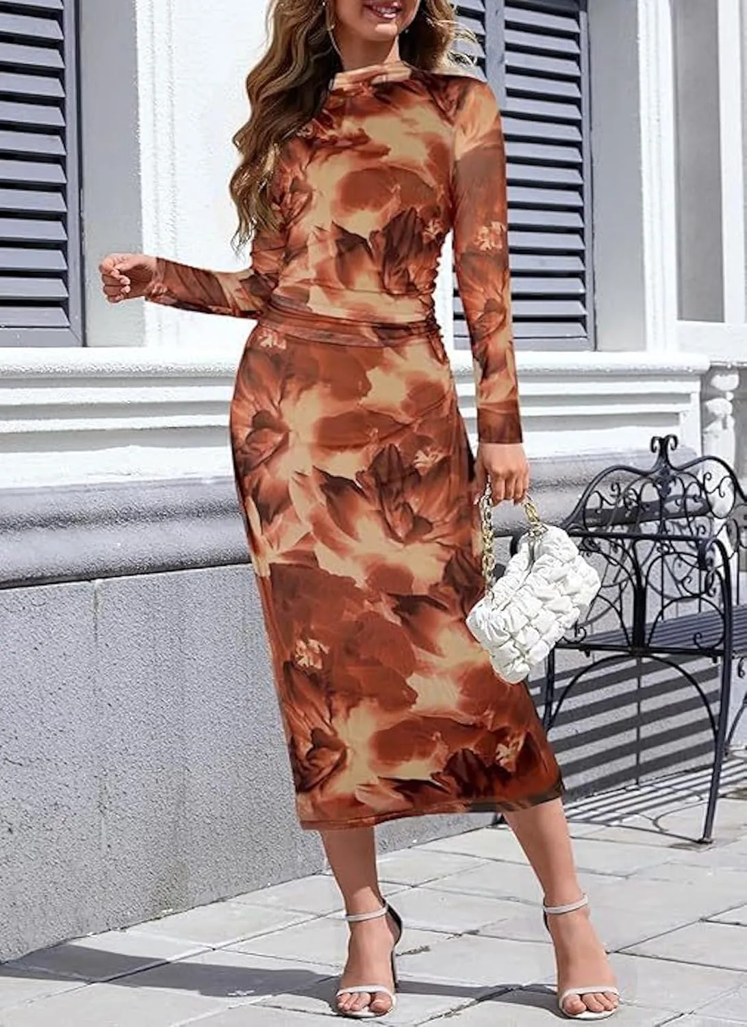 Women's Elegant Watercolor Print Ruched Bodycon Dresses Casual Long Sleeve Mock Neck Party Club Cocktail Midi Dress