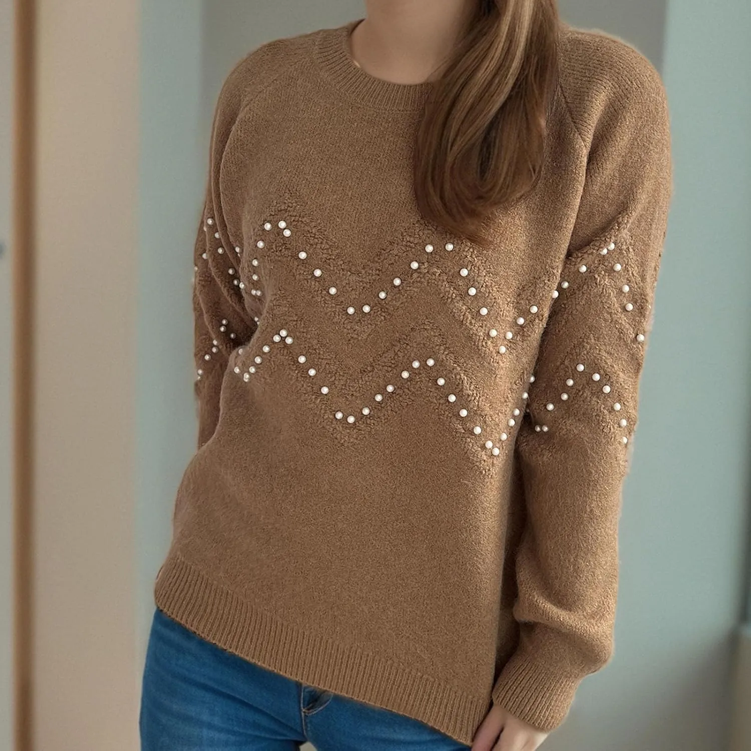 Womens Fall Fashion Sweaters 2024 Long Sleeve Crewneck Knitted Pullover Tops Embroidered Boho Tunic Sweater