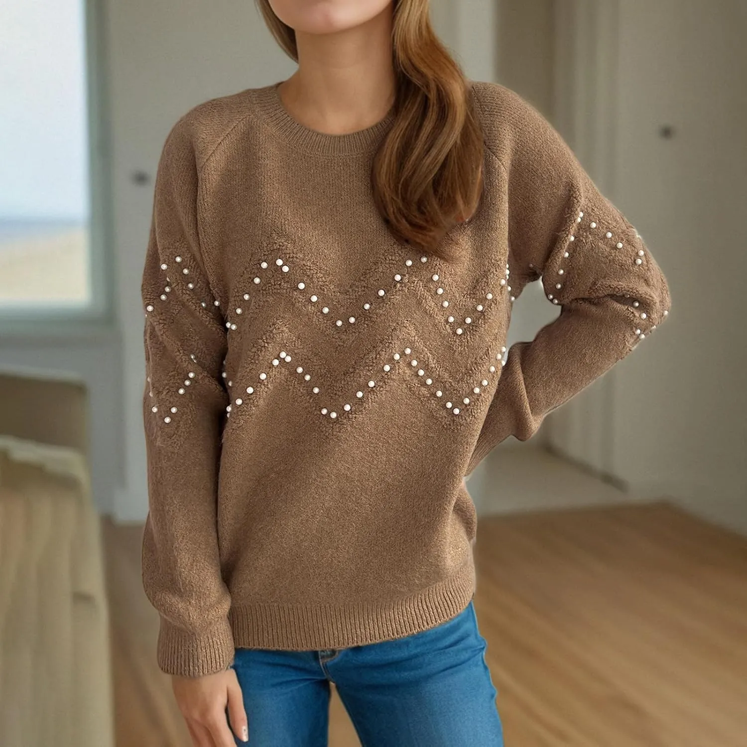 Womens Fall Fashion Sweaters 2024 Long Sleeve Crewneck Knitted Pullover Tops Embroidered Boho Tunic Sweater