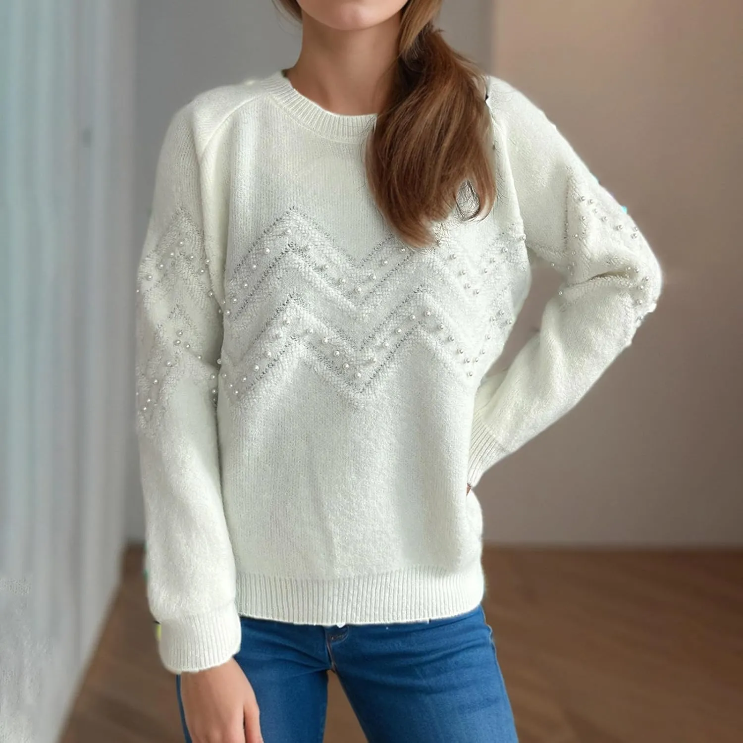 Womens Fall Fashion Sweaters 2024 Long Sleeve Crewneck Knitted Pullover Tops Embroidered Boho Tunic Sweater