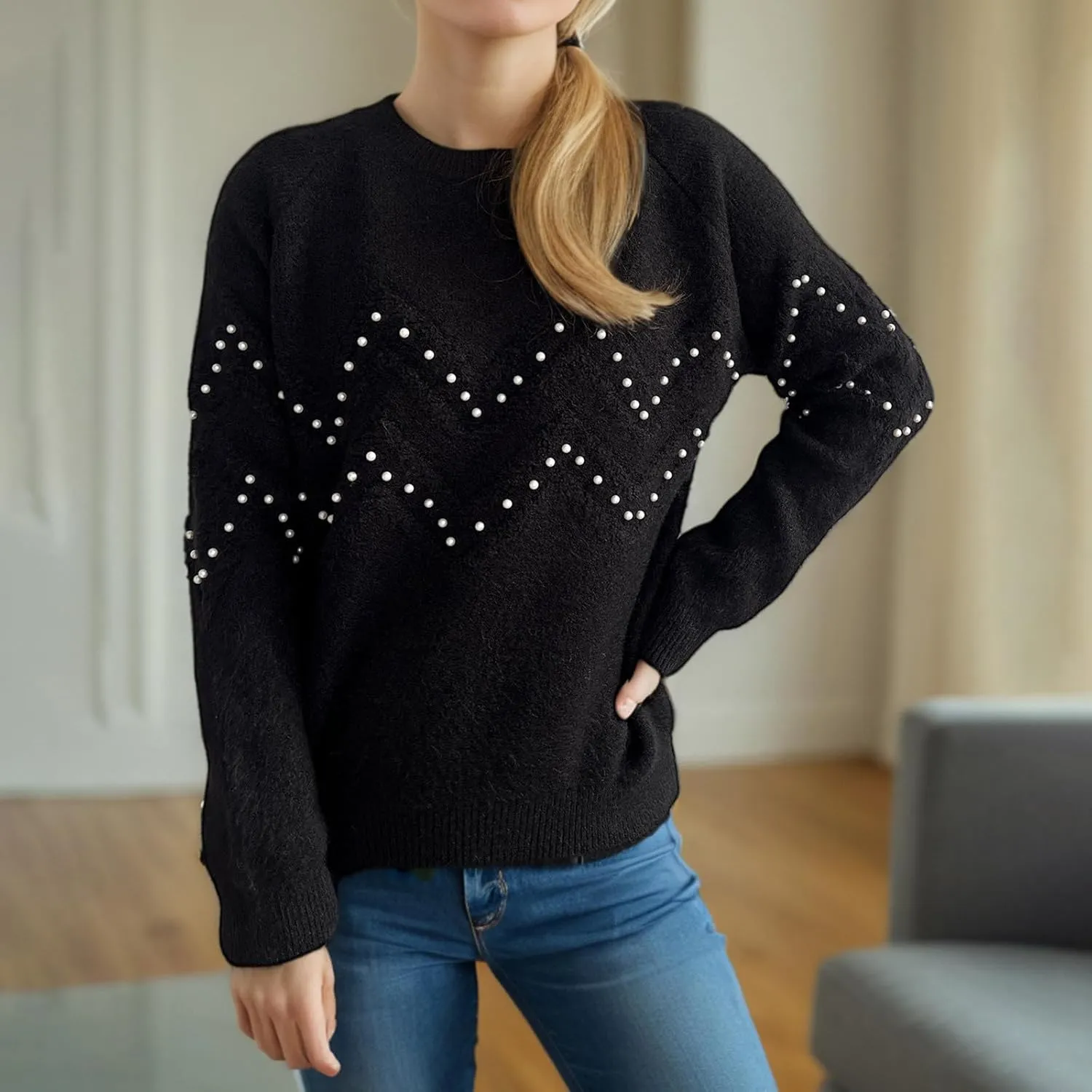 Womens Fall Fashion Sweaters 2024 Long Sleeve Crewneck Knitted Pullover Tops Embroidered Boho Tunic Sweater