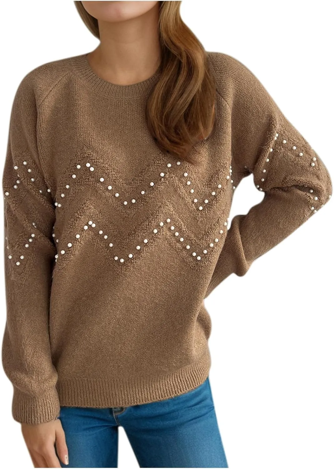 Womens Fall Fashion Sweaters 2024 Long Sleeve Crewneck Knitted Pullover Tops Embroidered Boho Tunic Sweater