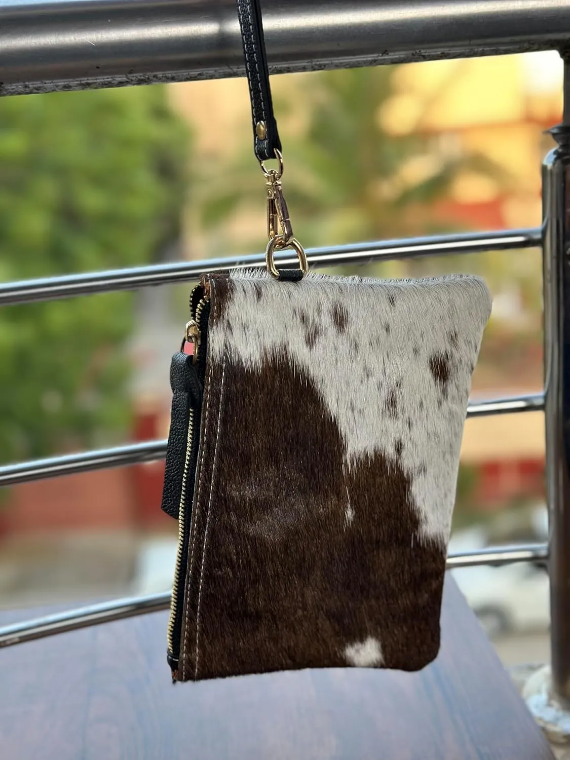 Women's Genuine Italian Hair-On Hide Leather Small Pouch Wristlet Clutch Wallet Purse, Gold Zipper