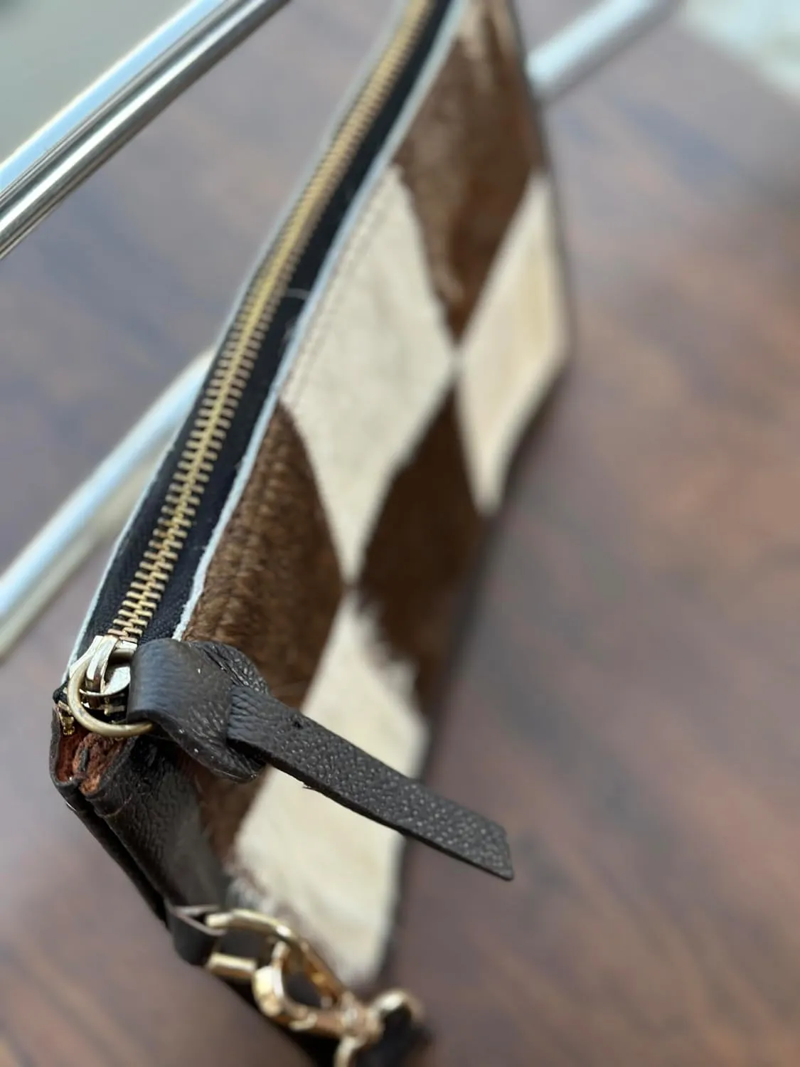 Women's Genuine Italian Hair-On Hide Leather Small Pouch Wristlet Clutch Wallet Purse, Gold Zipper
