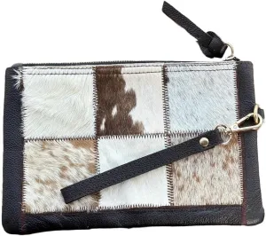 Women's Genuine Italian Hair-On Hide Leather Small Pouch Wristlet Clutch Wallet Purse, Gold Zipper