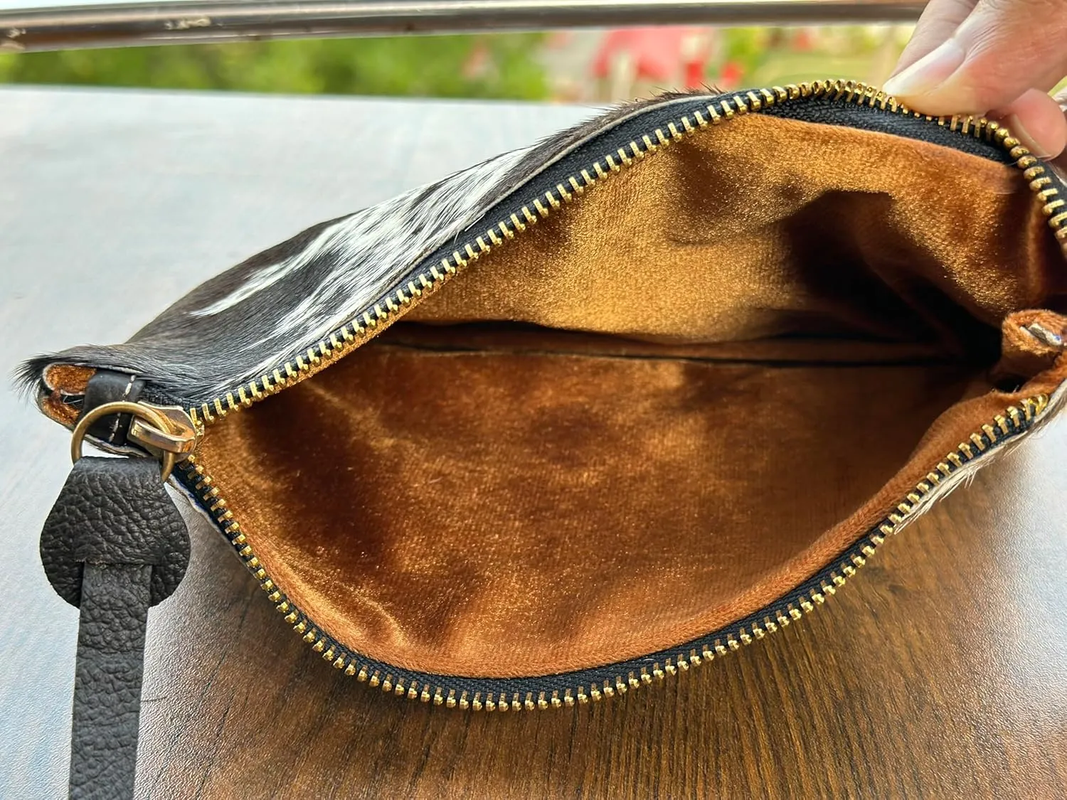 Women's Genuine Italian Hair-On Hide Leather Small Pouch Wristlet Clutch Wallet Purse, Gold Zipper