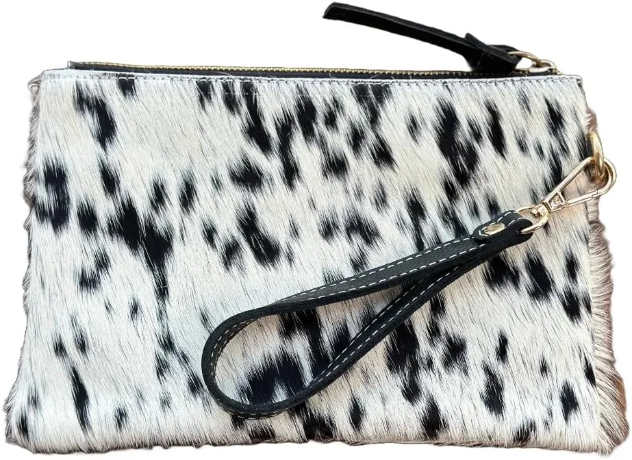 Women's Genuine Italian Hair-On Hide Leather Small Pouch Wristlet Clutch Wallet Purse, Gold Zipper