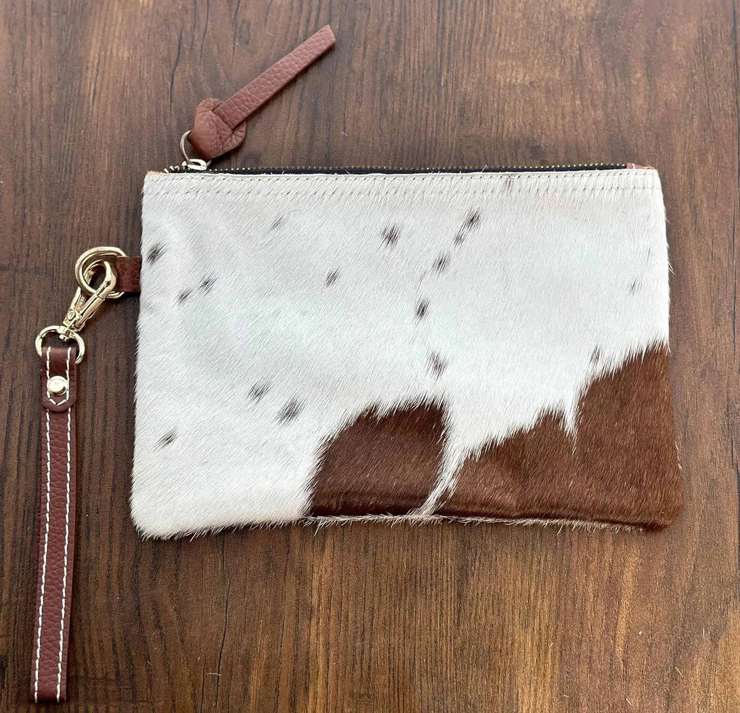 Women's Genuine Italian Hair-On Hide Leather Small Pouch Wristlet Clutch Wallet Purse, Gold Zipper