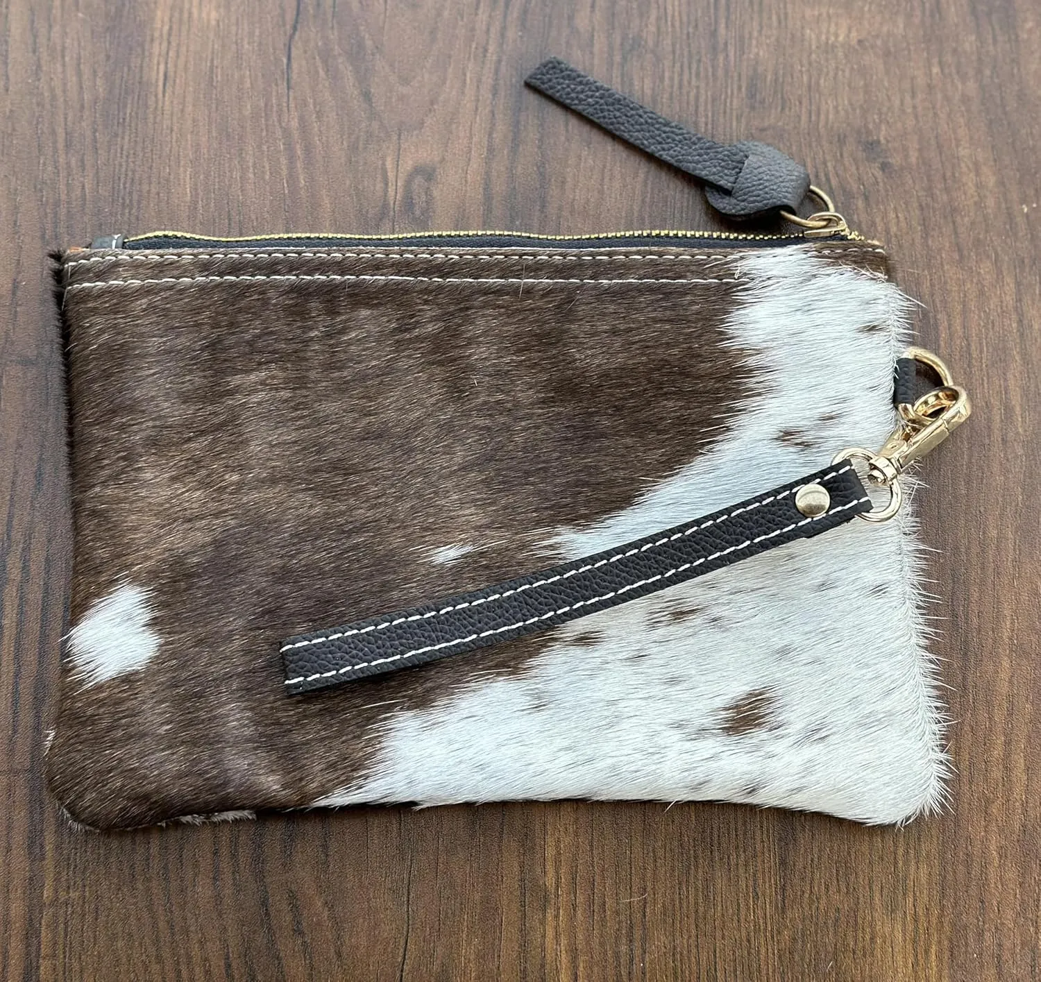 Women's Genuine Italian Hair-On Hide Leather Small Pouch Wristlet Clutch Wallet Purse, Gold Zipper