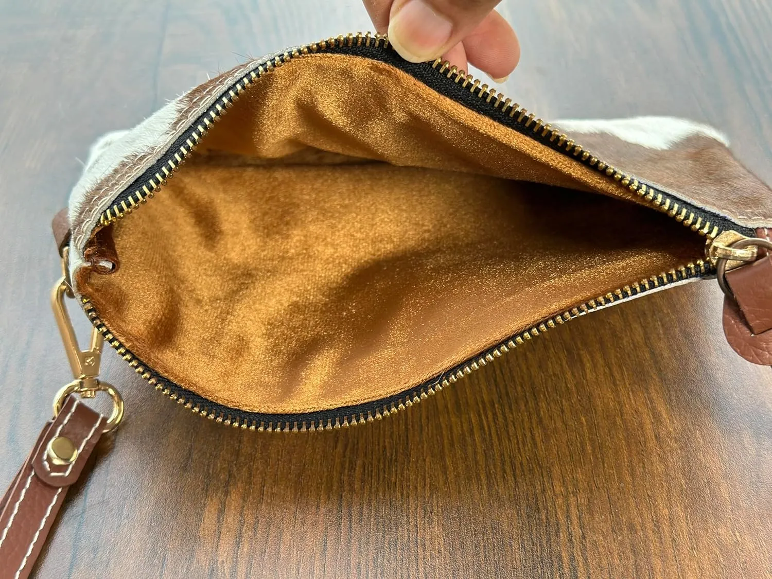 Women's Genuine Italian Hair-On Hide Leather Small Pouch Wristlet Clutch Wallet Purse, Gold Zipper