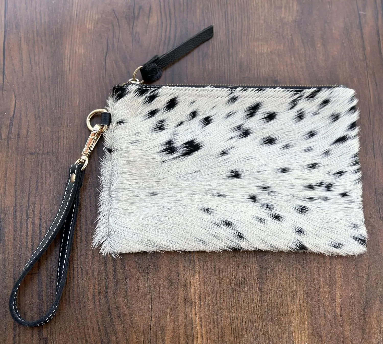 Women's Genuine Italian Hair-On Hide Leather Small Pouch Wristlet Clutch Wallet Purse, Gold Zipper