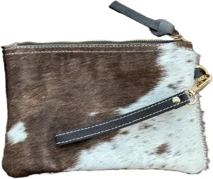 Women's Genuine Italian Hair-On Hide Leather Small Pouch Wristlet Clutch Wallet Purse, Gold Zipper