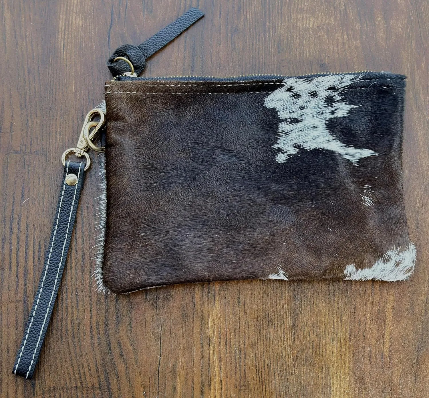 Women's Genuine Italian Hair-On Hide Leather Small Pouch Wristlet Clutch Wallet Purse, Gold Zipper
