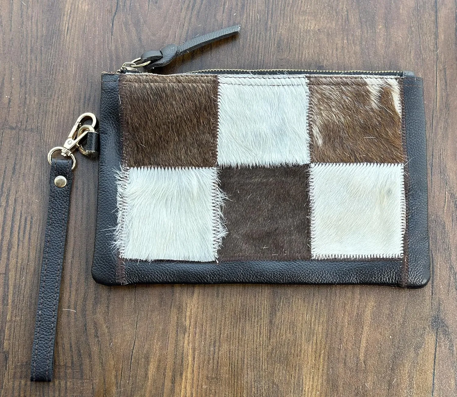 Women's Genuine Italian Hair-On Hide Leather Small Pouch Wristlet Clutch Wallet Purse, Gold Zipper