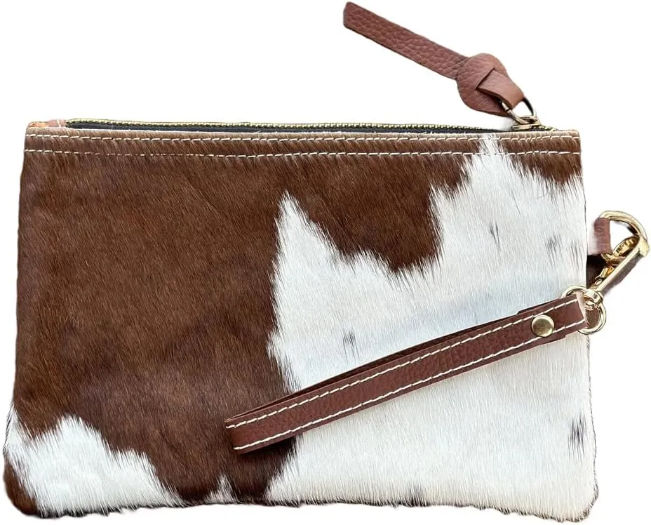Women's Genuine Italian Hair-On Hide Leather Small Pouch Wristlet Clutch Wallet Purse, Gold Zipper
