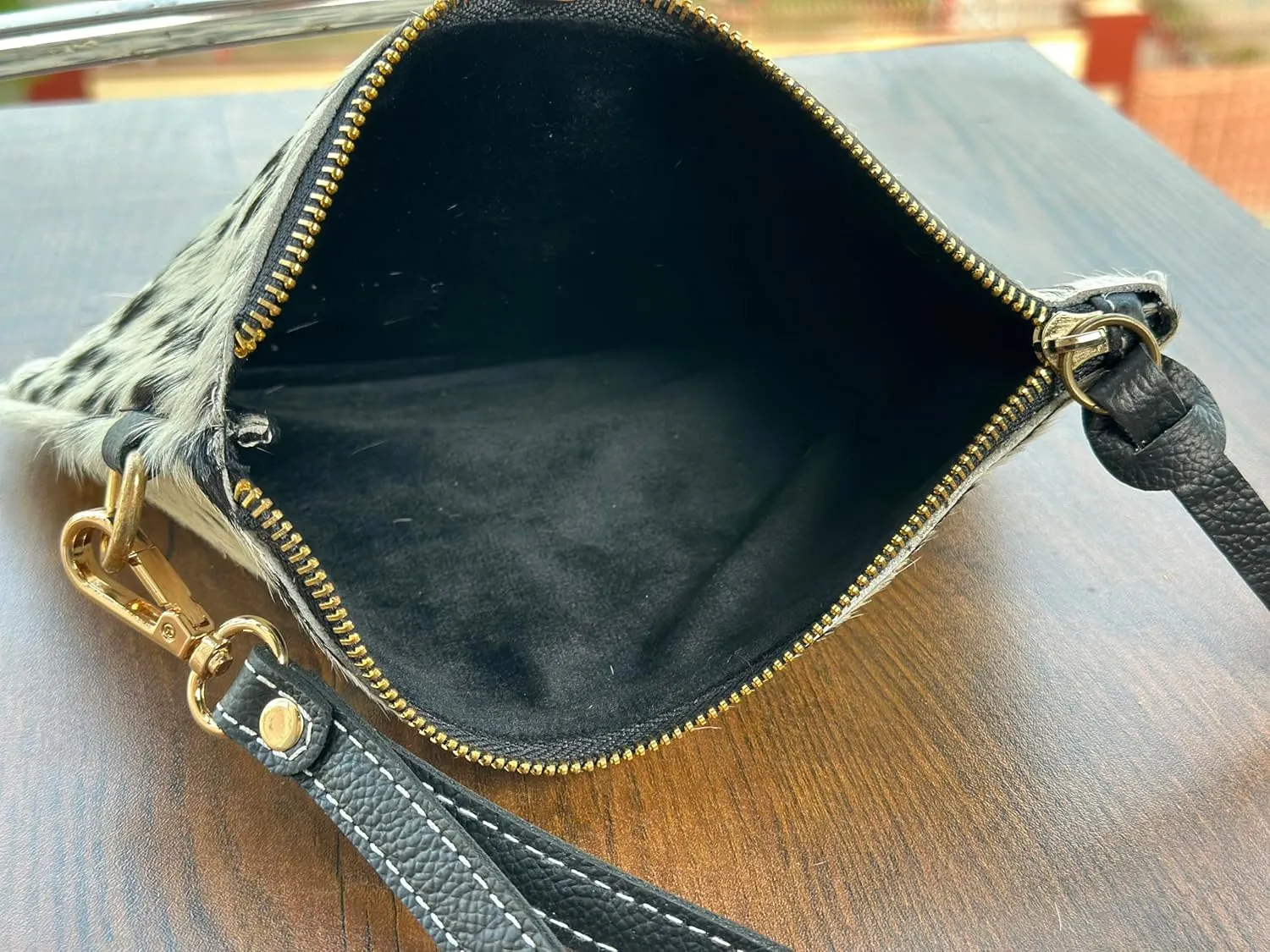 Women's Genuine Italian Hair-On Hide Leather Small Pouch Wristlet Clutch Wallet Purse, Gold Zipper