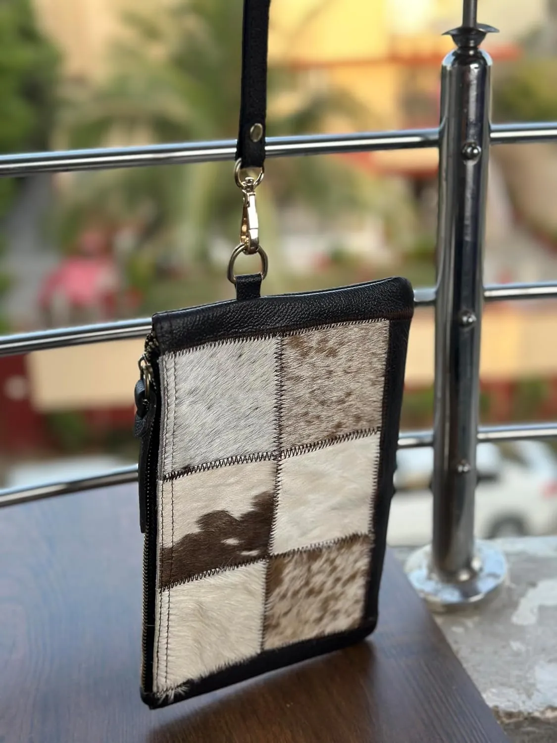 Women's Genuine Italian Hair-On Hide Leather Small Pouch Wristlet Clutch Wallet Purse, Gold Zipper