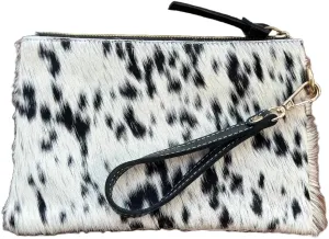 Women's Genuine Italian Hair-On Hide Leather Small Pouch Wristlet Clutch Wallet Purse, Gold Zipper