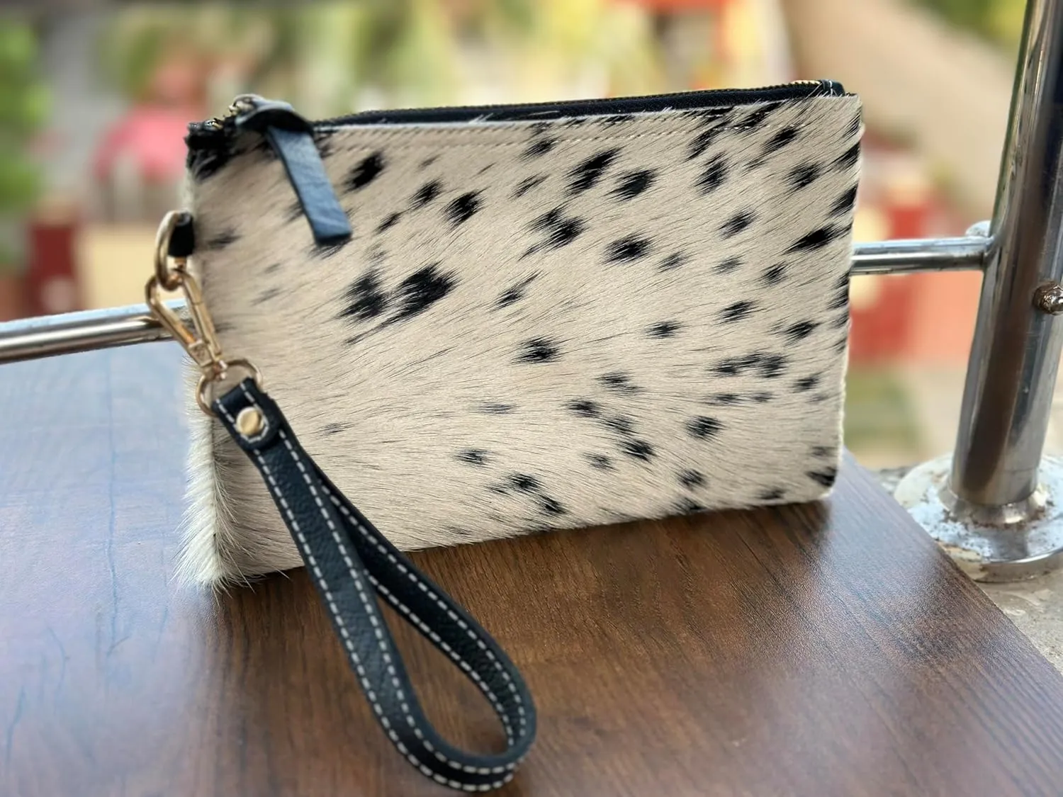 Women's Genuine Italian Hair-On Hide Leather Small Pouch Wristlet Clutch Wallet Purse, Gold Zipper