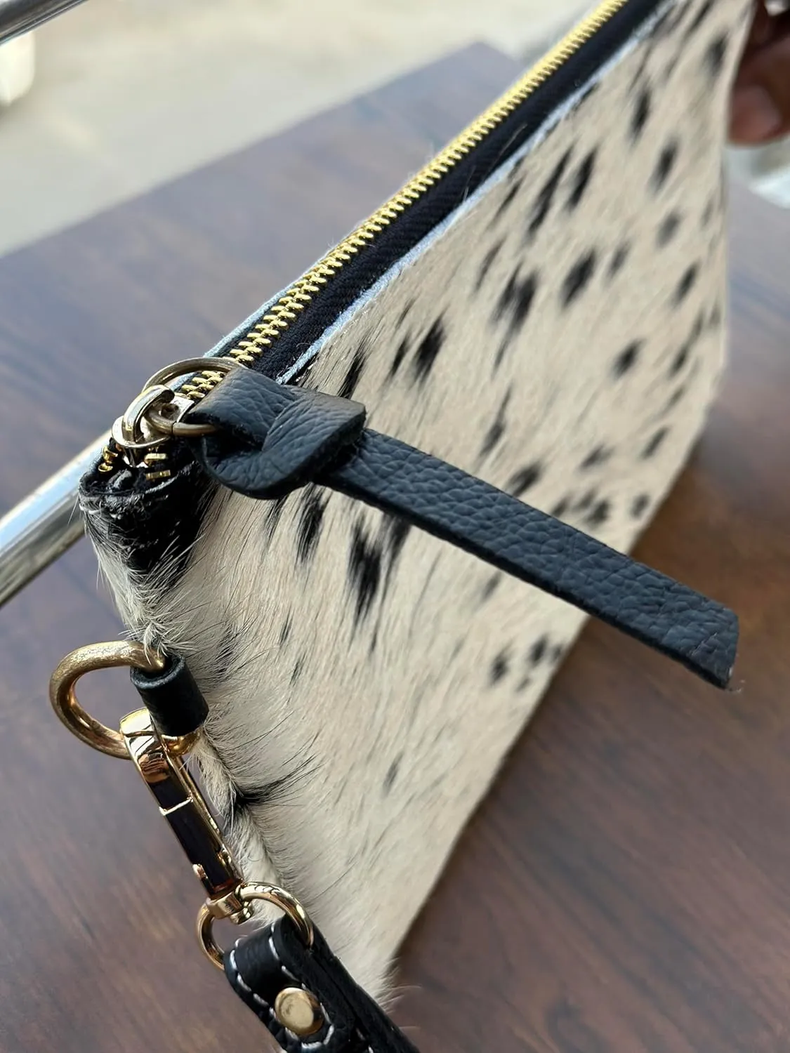 Women's Genuine Italian Hair-On Hide Leather Small Pouch Wristlet Clutch Wallet Purse, Gold Zipper