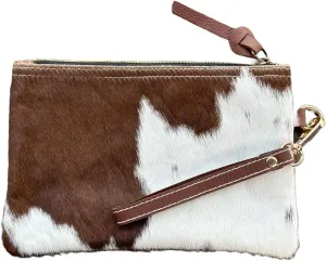 Women's Genuine Italian Hair-On Hide Leather Small Pouch Wristlet Clutch Wallet Purse, Gold Zipper