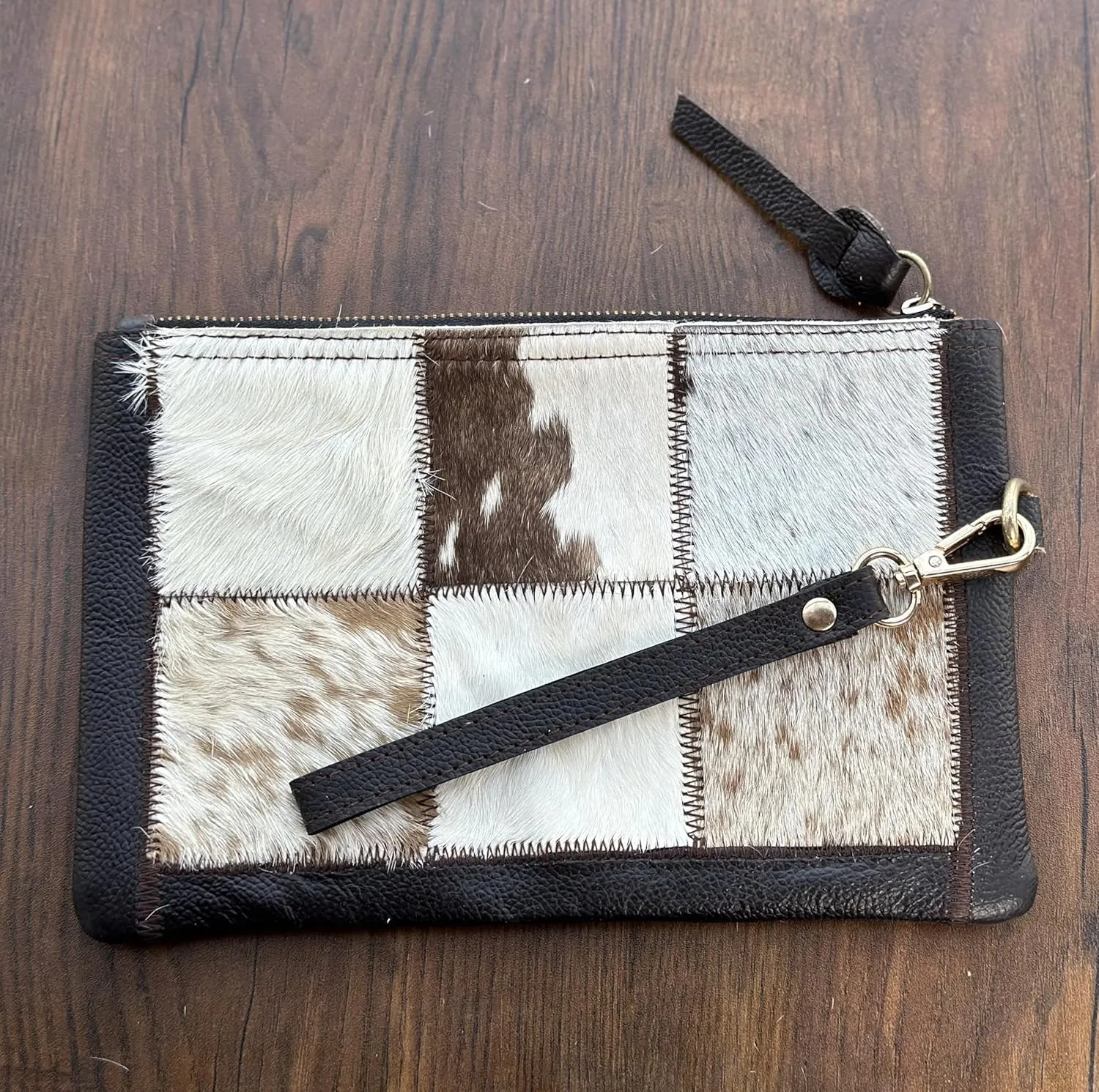Women's Genuine Italian Hair-On Hide Leather Small Pouch Wristlet Clutch Wallet Purse, Gold Zipper