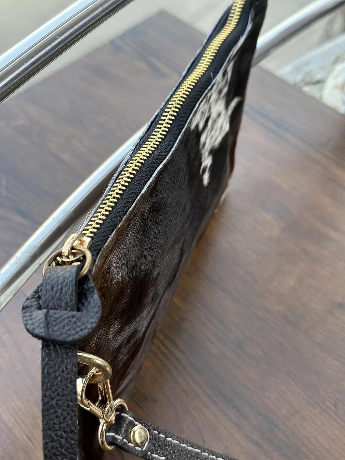 Women's Genuine Italian Hair-On Hide Leather Small Pouch Wristlet Clutch Wallet Purse, Gold Zipper