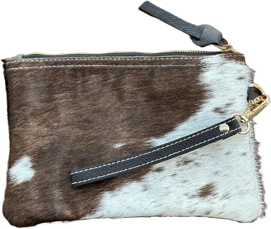Women's Genuine Italian Hair-On Hide Leather Small Pouch Wristlet Clutch Wallet Purse, Gold Zipper