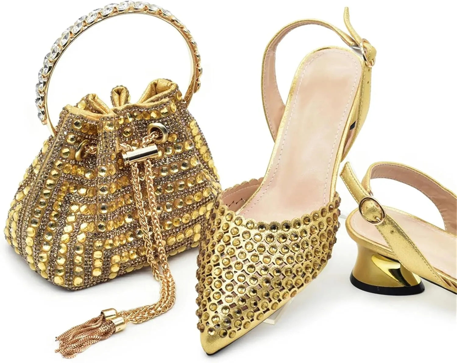 Women's Gold-Tone Nigerian Wedding Shoe & Bag Set - Luxury Rhinestone-Embellished Party Collection