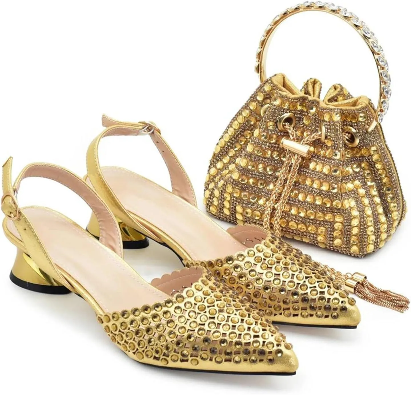 Women's Gold-Tone Nigerian Wedding Shoe & Bag Set - Luxury Rhinestone-Embellished Party Collection