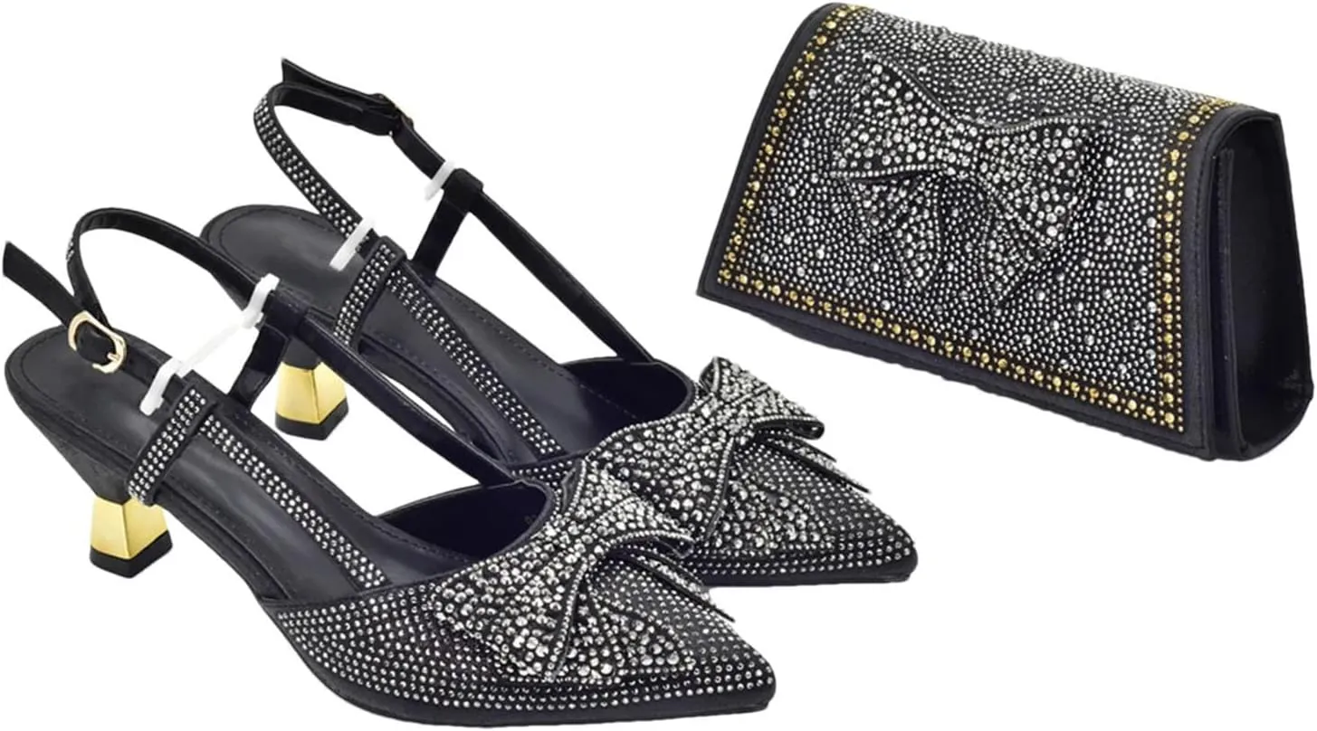 Women's Italian Luxury Heel Set - Rhinestone-Embellished Party Pumps & Matching Bag