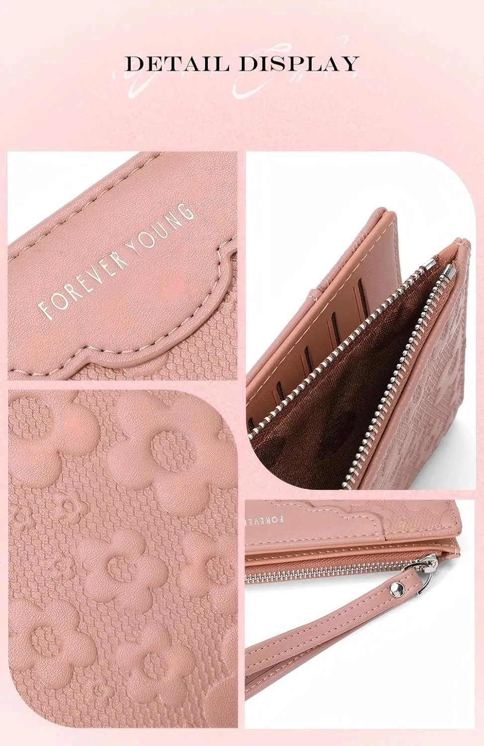 Women's Leather Wallet, Large Capacity Clutch with Phone Holder, Floral Embossed Design, Elegant Travel Purse Wristlet