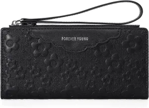 Women's Leather Wallet, Large Capacity Clutch with Phone Holder, Floral Embossed Design, Elegant Travel Purse Wristlet