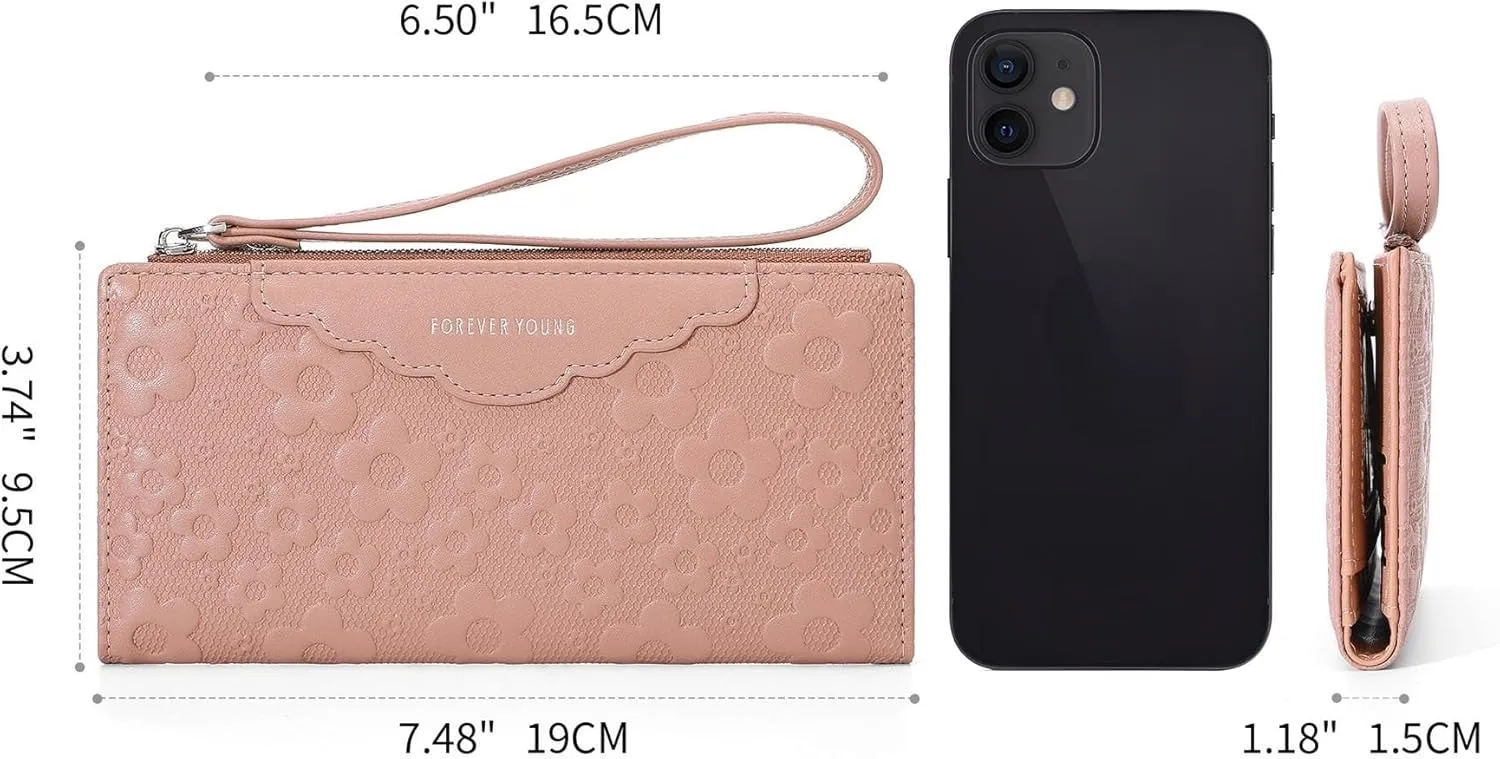 Women's Leather Wallet, Large Capacity Clutch with Phone Holder, Floral Embossed Design, Elegant Travel Purse Wristlet