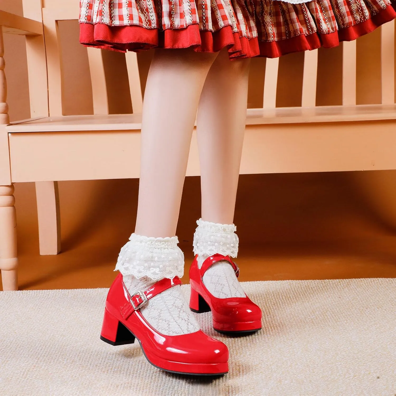 Womens Lolita Shoes Patent Leather Mary Jane Platform Chunky Heeled Pumps
