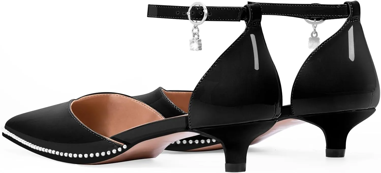 Women's Low Kitten Heel Pointed Toe Pumps Ankle Strap Patent Leather Prom Wedding Dress Shoes
