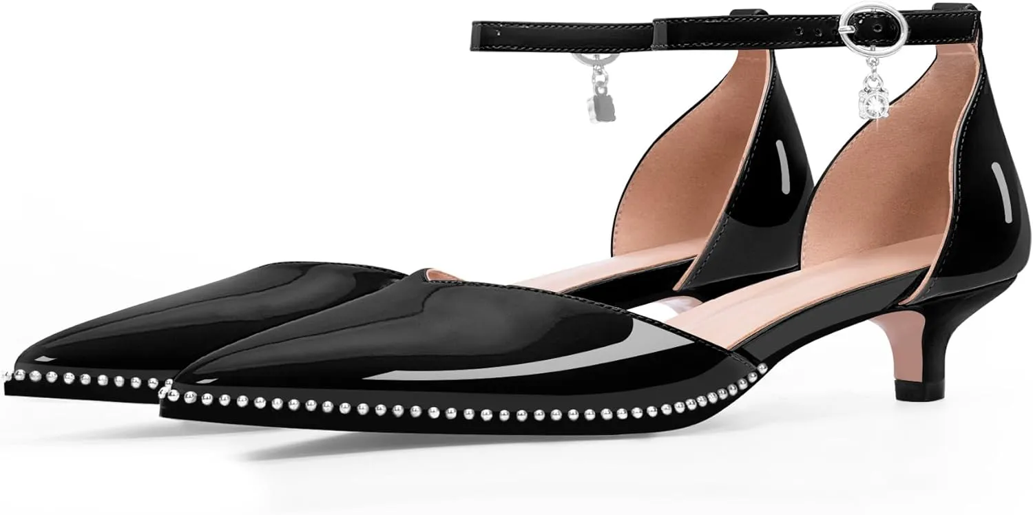 Women's Low Kitten Heel Pointed Toe Pumps Ankle Strap Patent Leather Prom Wedding Dress Shoes