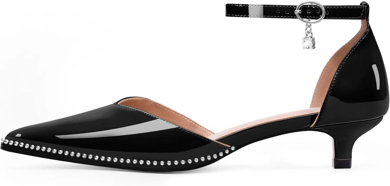 Women's Low Kitten Heel Pointed Toe Pumps Ankle Strap Patent Leather Prom Wedding Dress Shoes