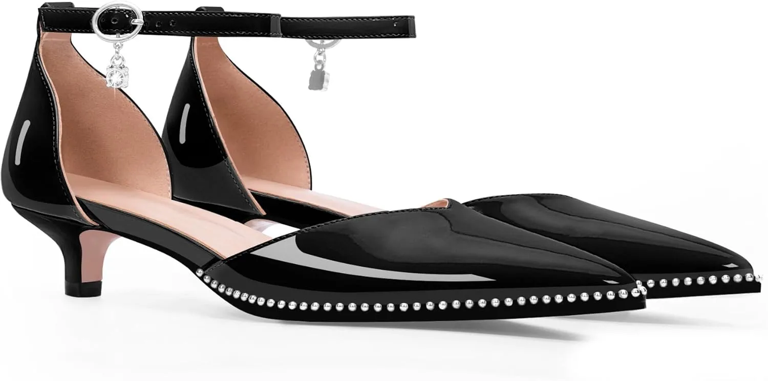 Women's Low Kitten Heel Pointed Toe Pumps Ankle Strap Patent Leather Prom Wedding Dress Shoes