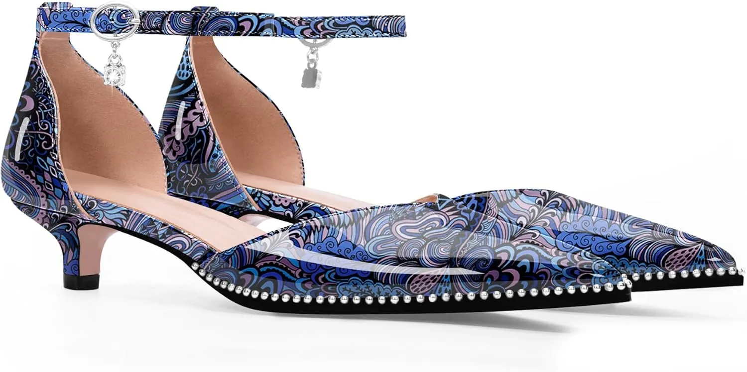Women's Low Kitten Heel Pointed Toe Pumps Ankle Strap Patent Leather Prom Wedding Dress Shoes
