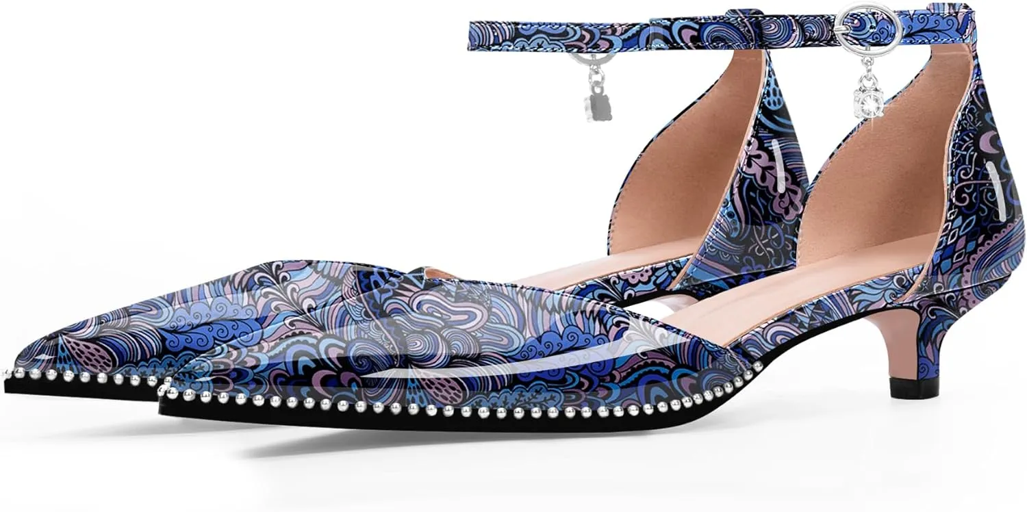 Women's Low Kitten Heel Pointed Toe Pumps Ankle Strap Patent Leather Prom Wedding Dress Shoes